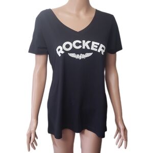 Ladies Black V-neck Rocker Logo T-shirt- Sz XL